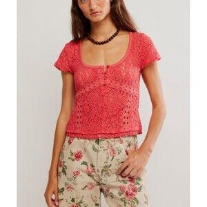 Free People Claro Lace Tee Women's Blouse Top Sheer Short Sleeve Trendy S 288441